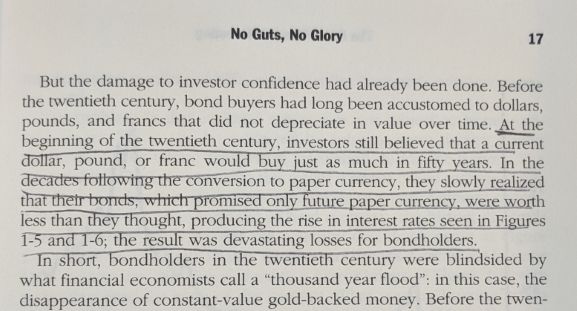 Quote from The Four Pillars of Investing by Dr. William Bernstein on how leaving the gold standard changed the nature of bond returns.