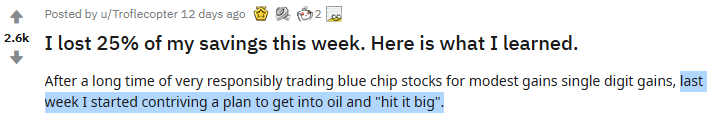 Reddit user that lost 25% of their savings betting on an oil ETF.
